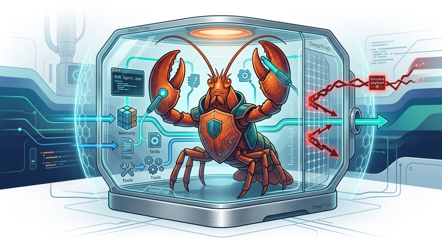 DeepTrap lobster mascot inside a security trap chamber.